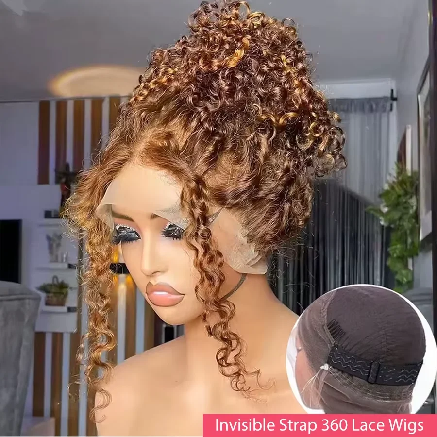 

SANMAO 200% Density 4/27 Curly Wigs 360 Lace Wig Invisible Drawstring Deep Wave Wig Highlight Wig Human Hair Pre-Pluck Brazilian