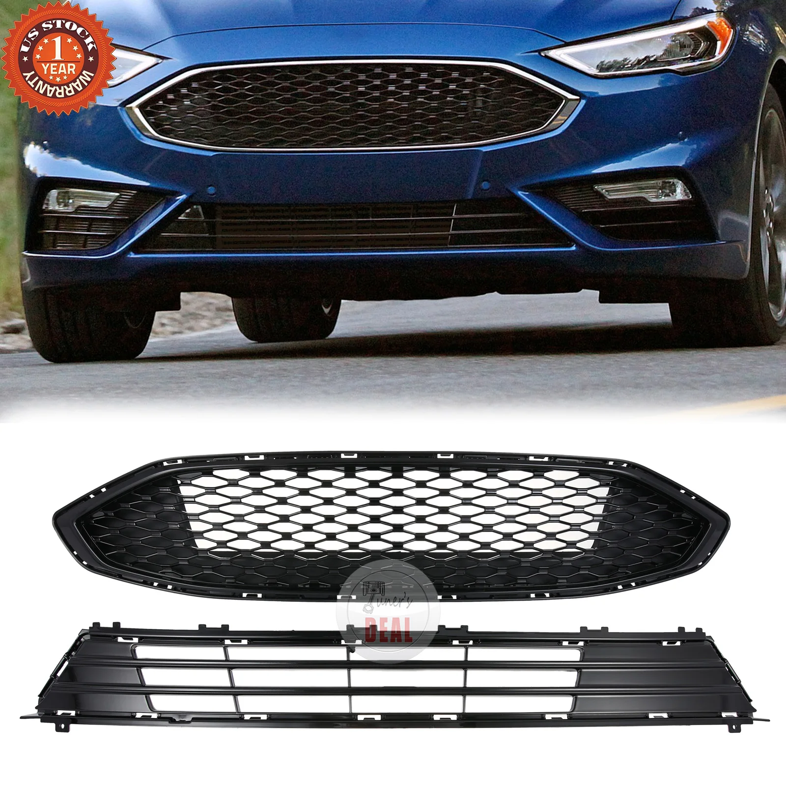 For Ford Fusion 2017 2018 Front Honeycomb Grille Gloss Black Upper Lower Set ABS Plastic From US Warehouse