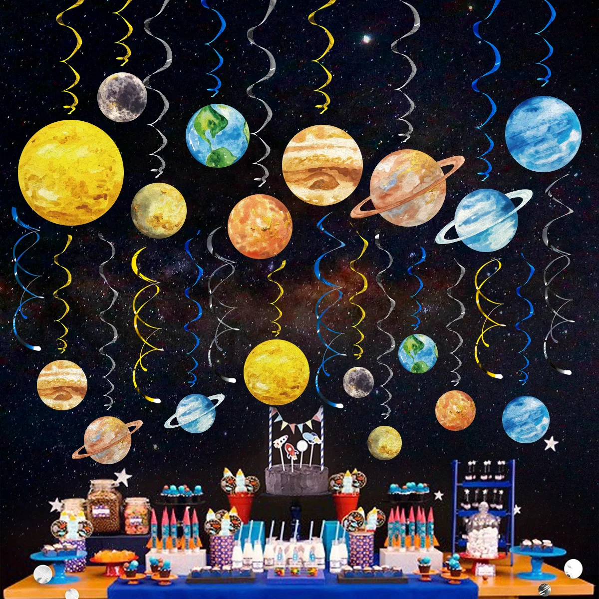 1Set Outer Space Theme Spiral Banner Planet Swirl Hanging Garland for Kids Birthday Baby Shower Party background Decoration