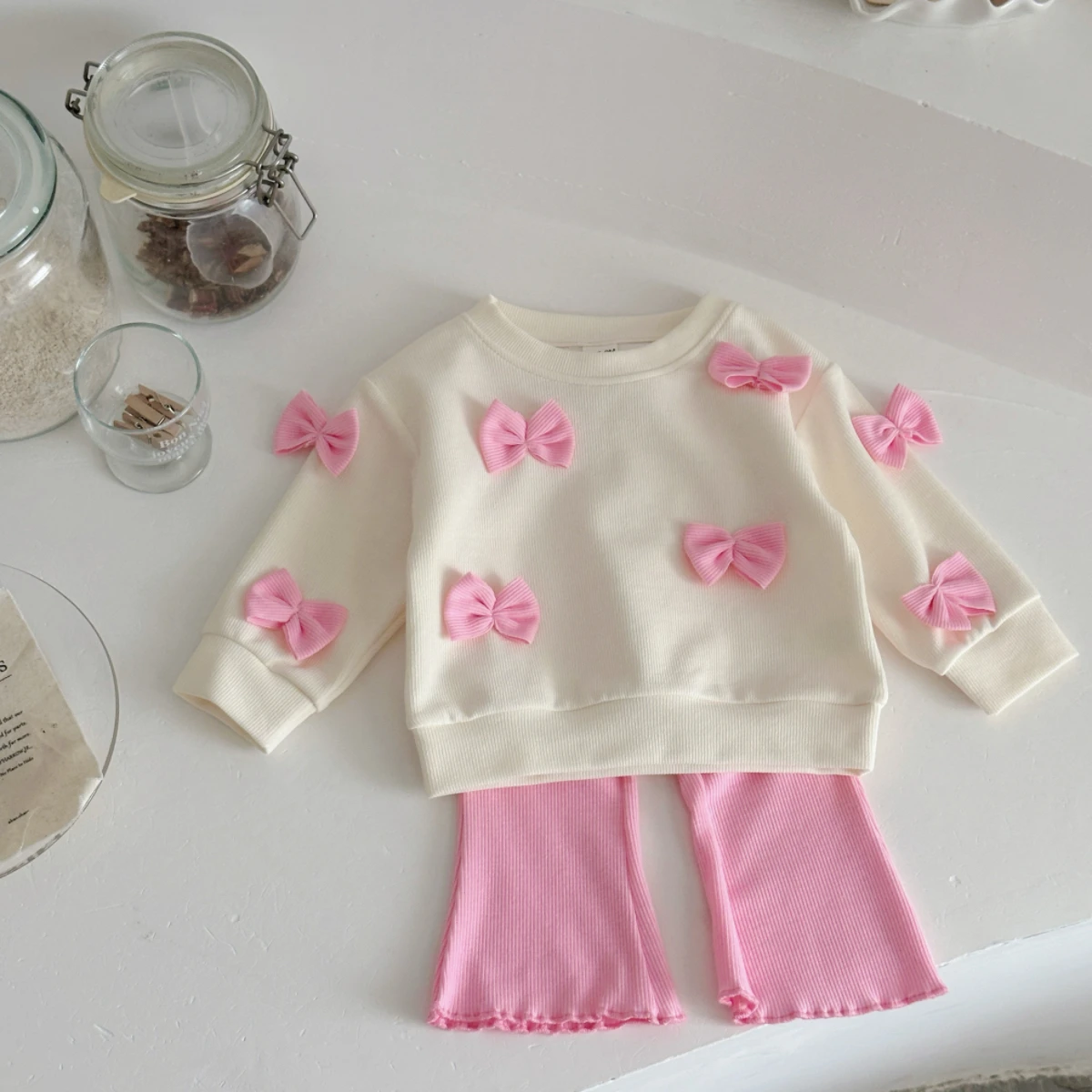 2025 Spring Autumn New Kids Cute Bowknot Long Sleeved Outfit Set Baby Boy Girl Cartoon Casual Tracksuit Pink Flared Pants Suit