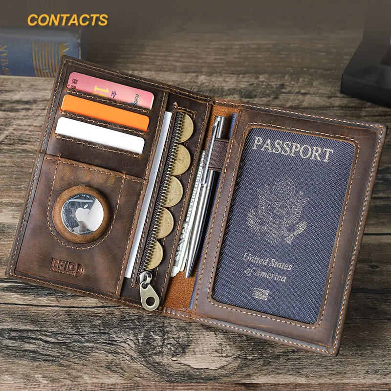 Travel Multi-Function Passport Holder Anti-Theft Brush Airtag Position Document Bag Coin Card Wallet Retro Style