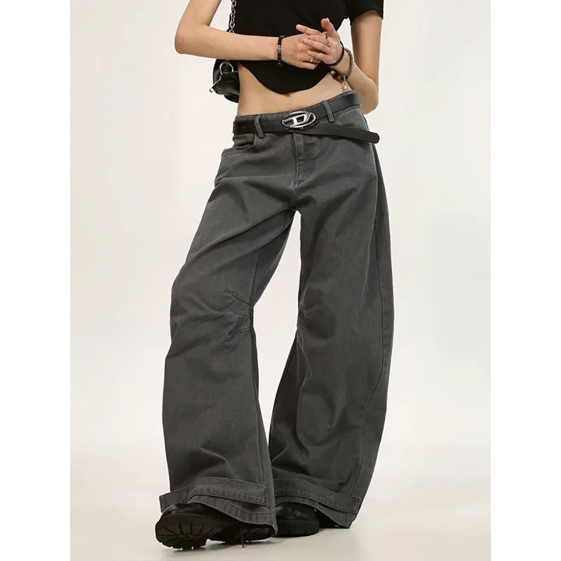 Vaqueros grises para mujer Y2K, Vaqueros Vintage de cintura alta, ropa informal recta, pantalones vaqueros de pierna ancha holgados informales de talla grande