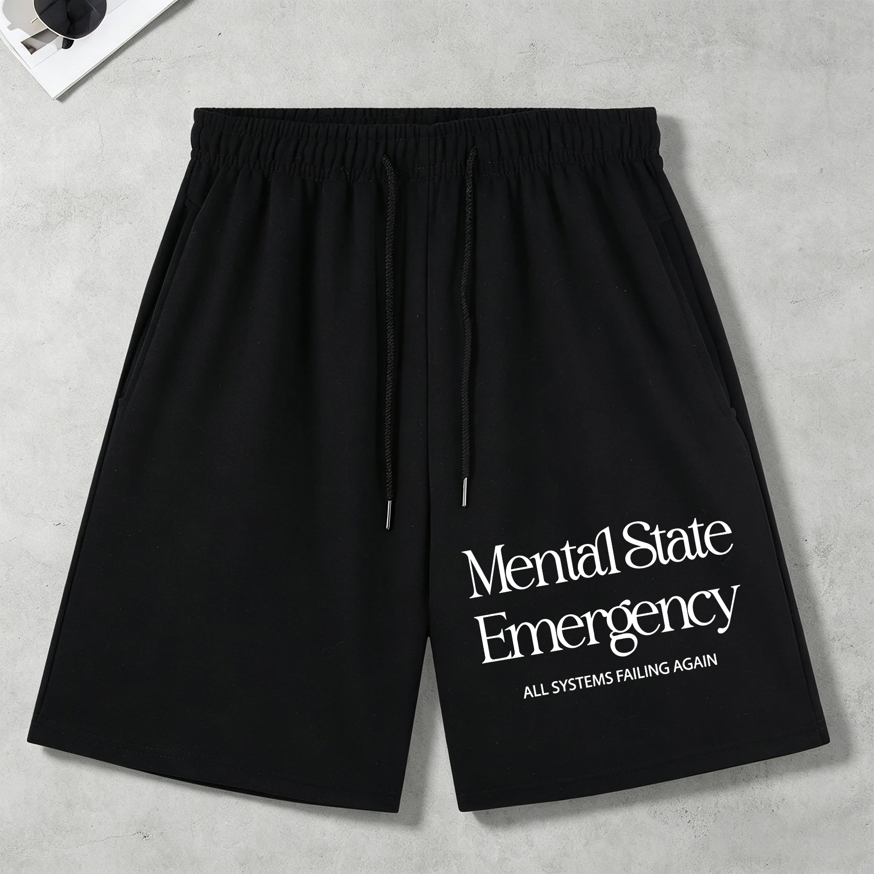 Mental State Emergency Printed Pocket Mans Pants Sport Shorts All-Match Drawstring Streetwears Unisex Retro Black Wide-Leg Pant