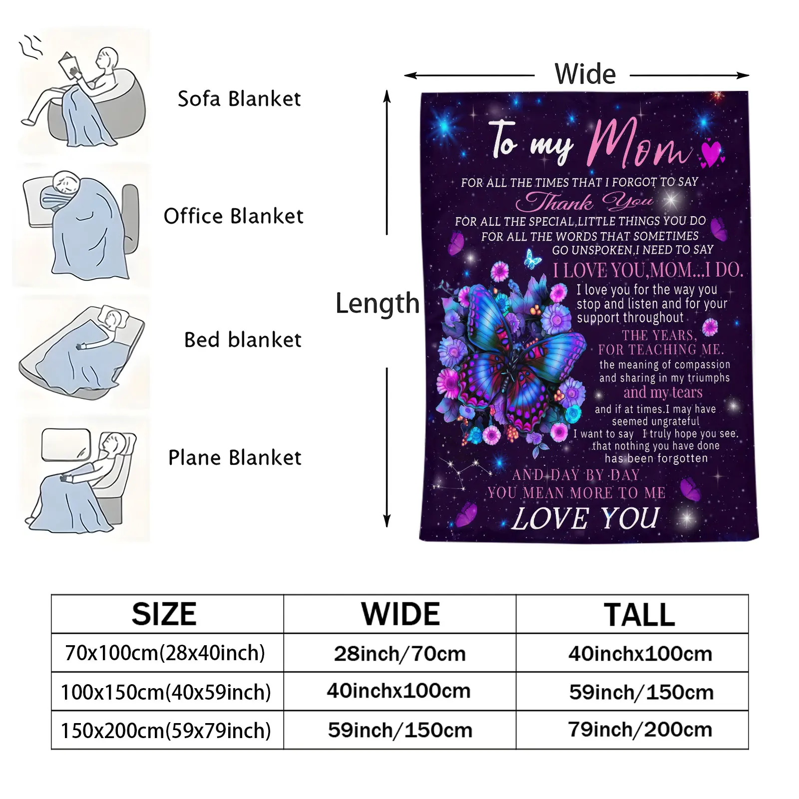 To My Mom Butterfly Floral Printed Flannel Throw Blanket Sentimental Thank‑You Gifts for Mother Soft Warm Plush Blanket for Sofa