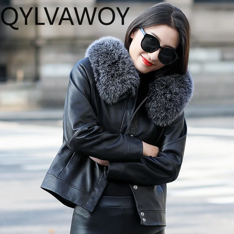 QYLVAWOY 2025 hiver nouveau manteau de fourrure en peau de mouton véritable pour femme col de fourrure de renard doudoune courte chaude haut de gamme élégant vêtements d'extérieur LJ2697