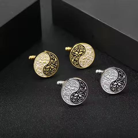 Funny Flower Pattern Design Yin Yang Taiji Golden Mens Cufflinks Taoism Bagua the Eight Diagrams Cuff Button