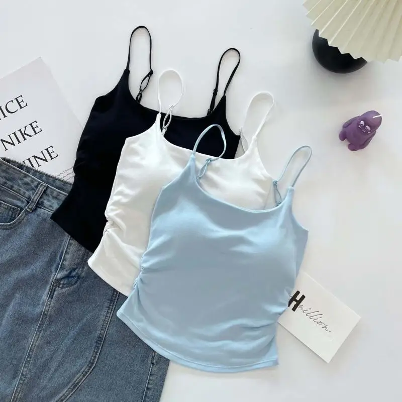 Colete feminino slim fit sem costas acolchoado alça espaguete camisola plissada espartilho regata curta