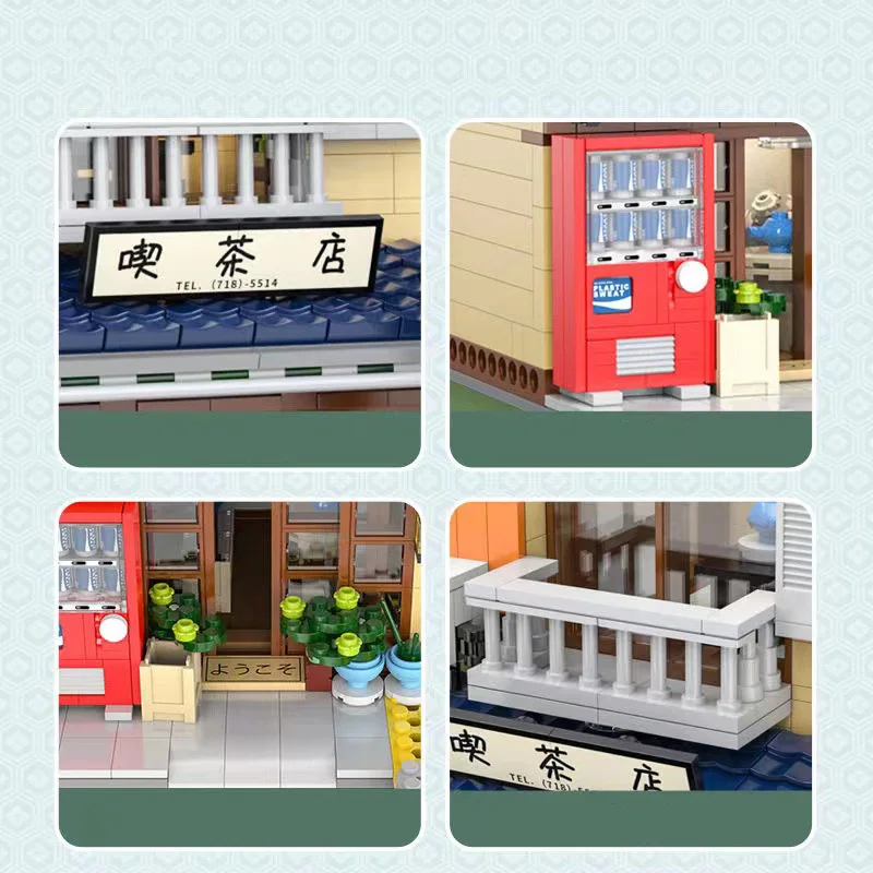 Bloques de construcción creativos con vista a la calle japonesa, casa de té japonesa, modelo de ciudad, paisaje urbano, juguete de construcción con luz para regalo