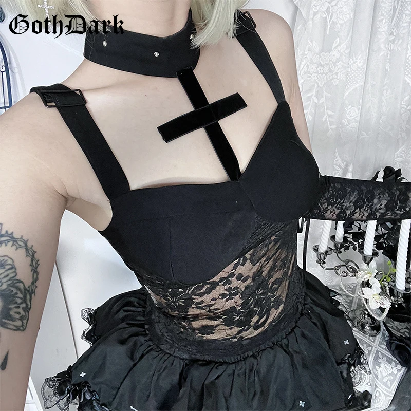 

Goth Dark Mall Gothic Fashion Lace Patchwork See Through Tank Top Y2K Grunge Cross Halter Tops Punk Slim Straps Crop Vests Women