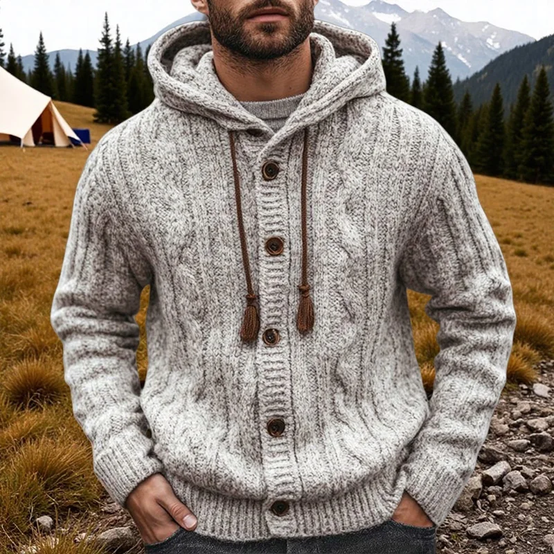 

Men 2025 Autumn Winter Casual Gray Sweater Coats Mens Hooded Cardigan Sweater Man Knitwear Single-breasted Knitted Outwear MY283