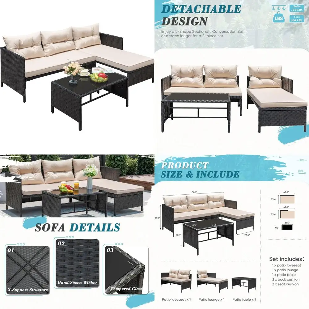 

Light Beige 3-Piece Outdoor Wicker Sectional Sofa Set with Cushions and Coffee Table for Patio, Garden, Porch, and Poolside