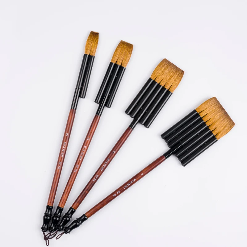 Brown Goat Hair Flat ABS Plastic Tube Wooden Handle Professional Watercolor Artist Brush Traditional Design 502F MU & HE ART