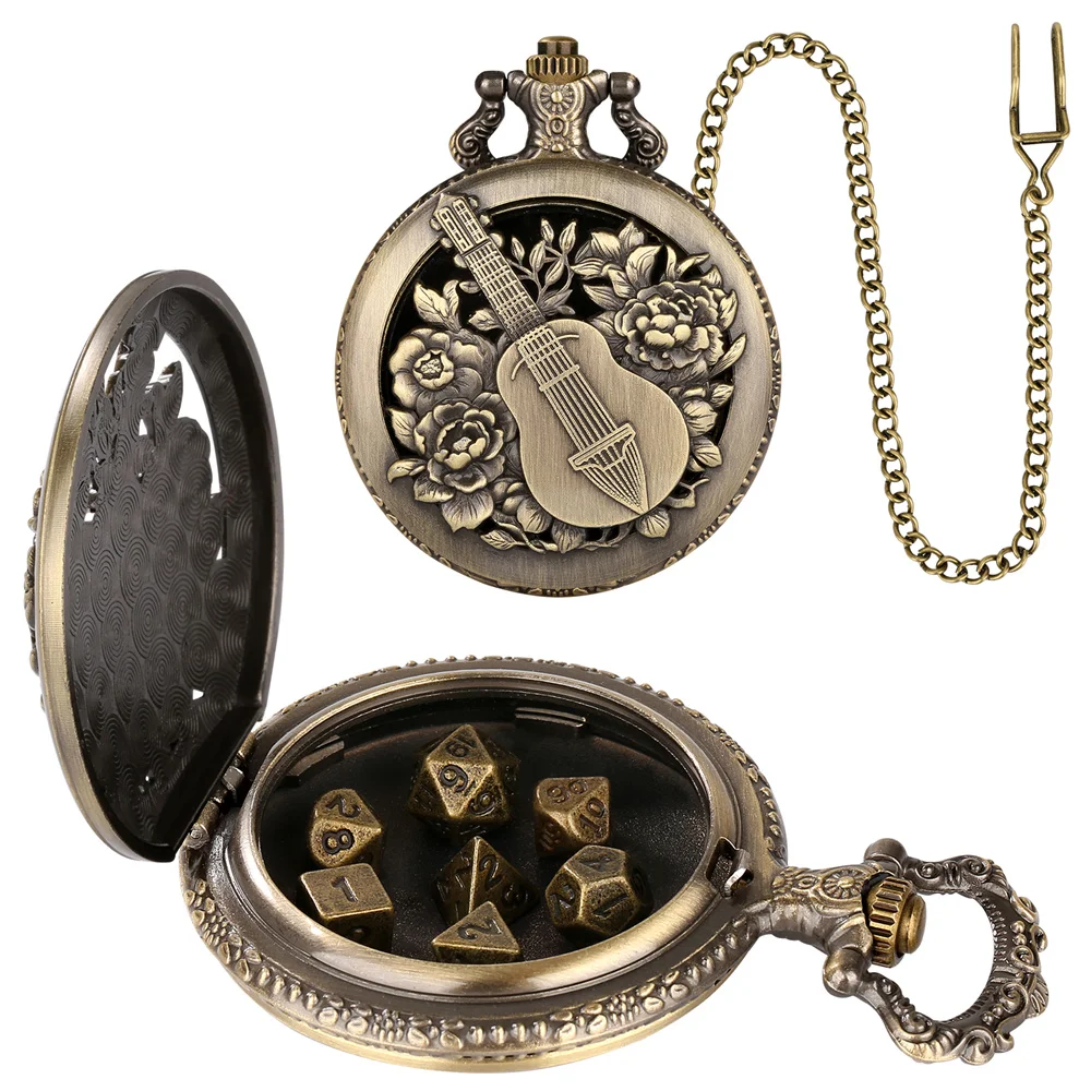 Vintage Charm Flowers Guitar Bronze/Grey Black Pocket Watch Case with Dices Pocket Chain Pocket Clock Cases