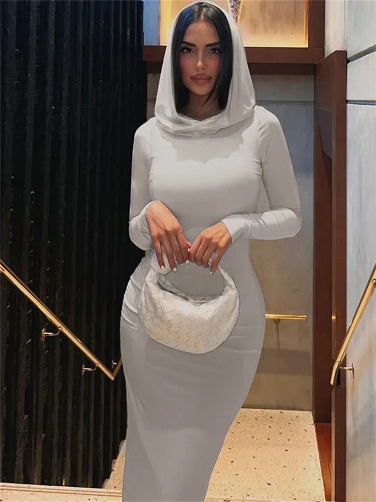 Simenual Solid Casual Hooded Long Sleeve Maxi Dress Fashion Elegant Women Hem Split Bodycon Dresses Y2K Basic Trim Streetwear