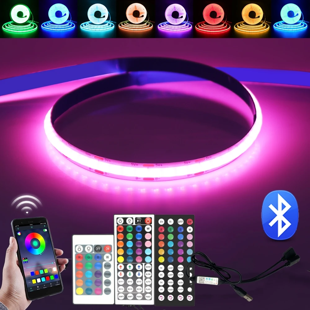 5V USB RGB COB Strip 576Leds/M Smart Color Changing LED Flexible Tape Light With Remote Dimmable For TV Bedroom Party DIY Decor