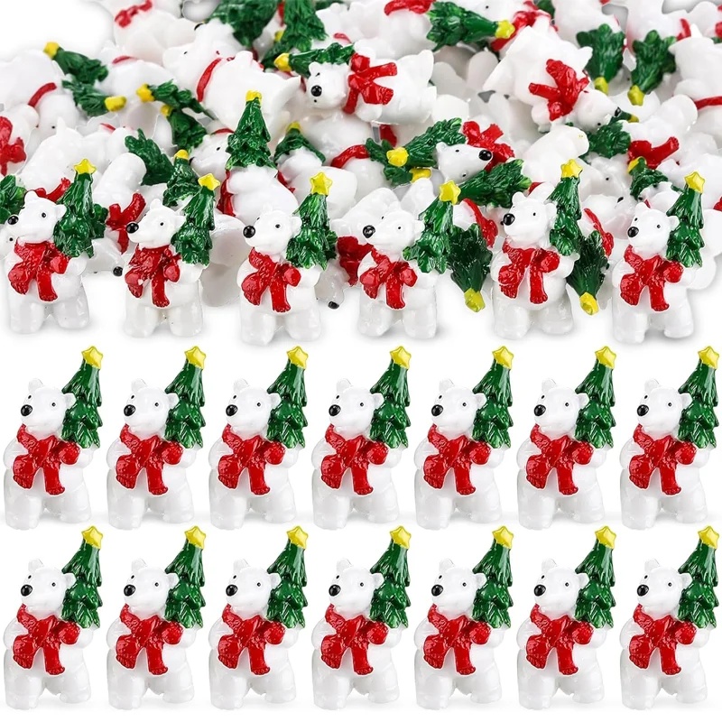 5/10pcs Christmas Resin Polar Bear Figurines Miniature with Christmas Tree Red Scarf  Tiny Animal Statue Micro Landscape Decor