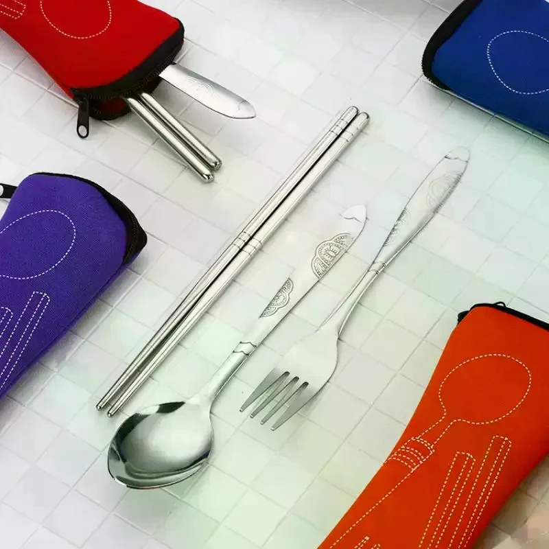 Portable Stainless Steel Cutlery Set With Case Reusable Fork Spoon Chopsticks For Travel And Camping Tableware Supplies