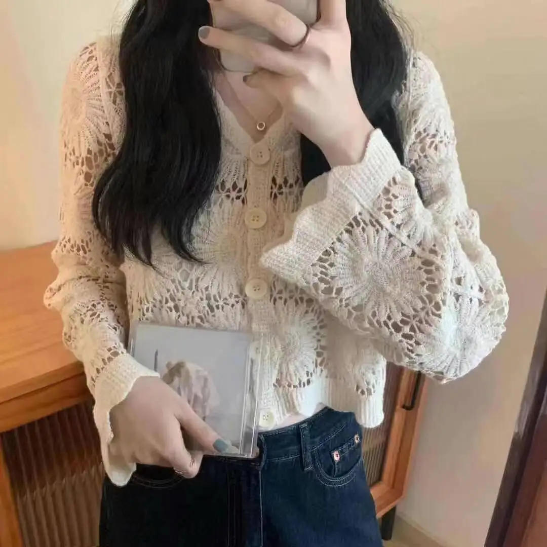 Sheer Crochet Top Cover Up Button Front V-Neck Long Sleeve Open-knit Embroidery Blouse Women Summer Boho Vacation Outfit