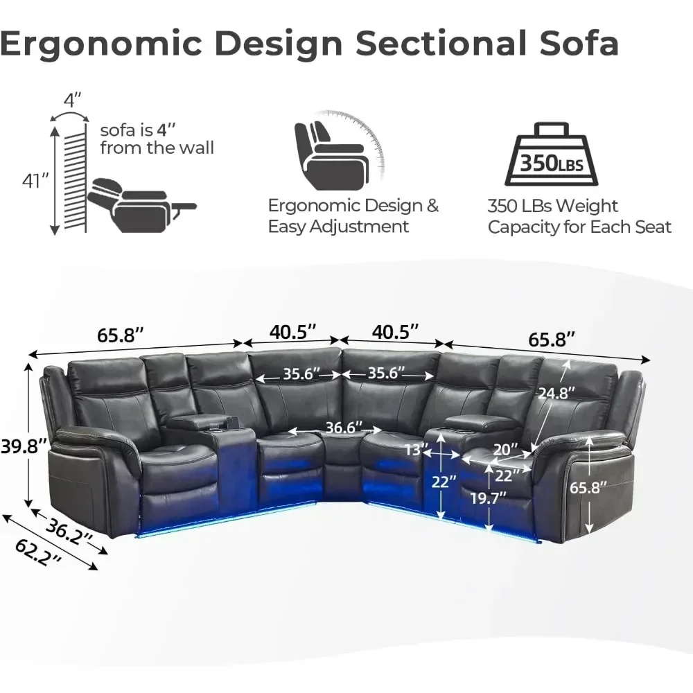 Faux Leather Reclining Corner Sectionals Couch Sets Power Recliner Sectional Sofa Couches with LED Light for Living Room