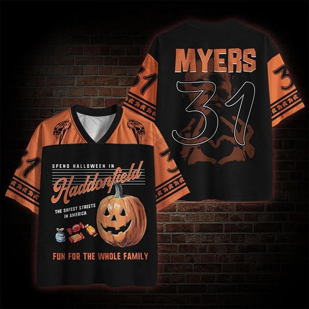 2026 New Halloween Pumpkin Horror Movie Mesh V-neck Streetwear Jersey T-shirt for Adults and Children