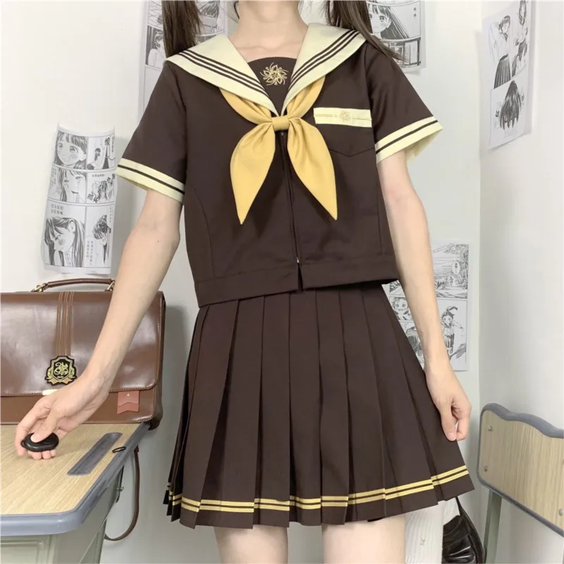 Pleated Skirt Jk Uniform Three-Lines Brown Sailor Suit Japanese Schoolgirl Outfits Graduation clothing  Women Anime Cos Costumes