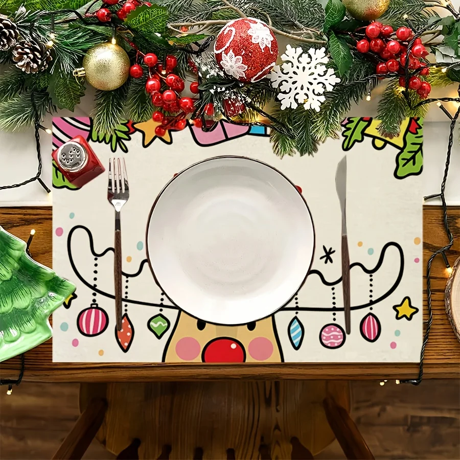 Christmas Placemats Cute Hand Drawn Elk Linen Table Mats Non-Slip Wipe Clean for Xmas Holiday Dinner Party Home Decor