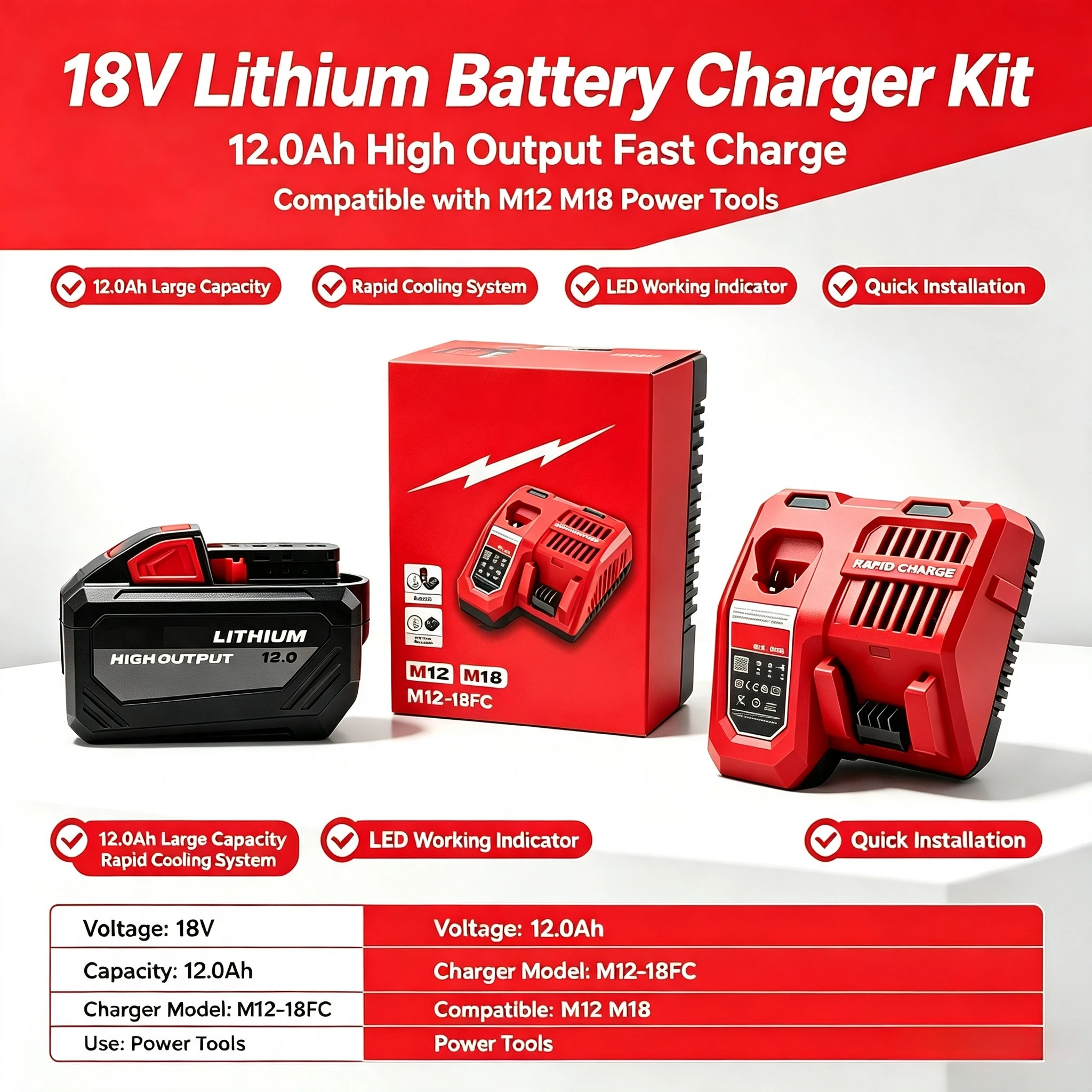 FOR Milwaukee M18 Brand New 18V 12.0AhLithium Rechargeable Battery,Waterproof Dustproof Professional Efficient Operation Battery