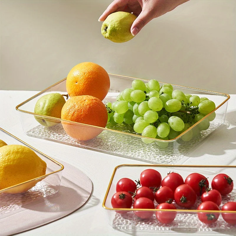 

3pcs Clear Plastic Fruit Trays with Golden Rim - Bubble Texture, Rectangular. For Fruits, Snacks, Desserts