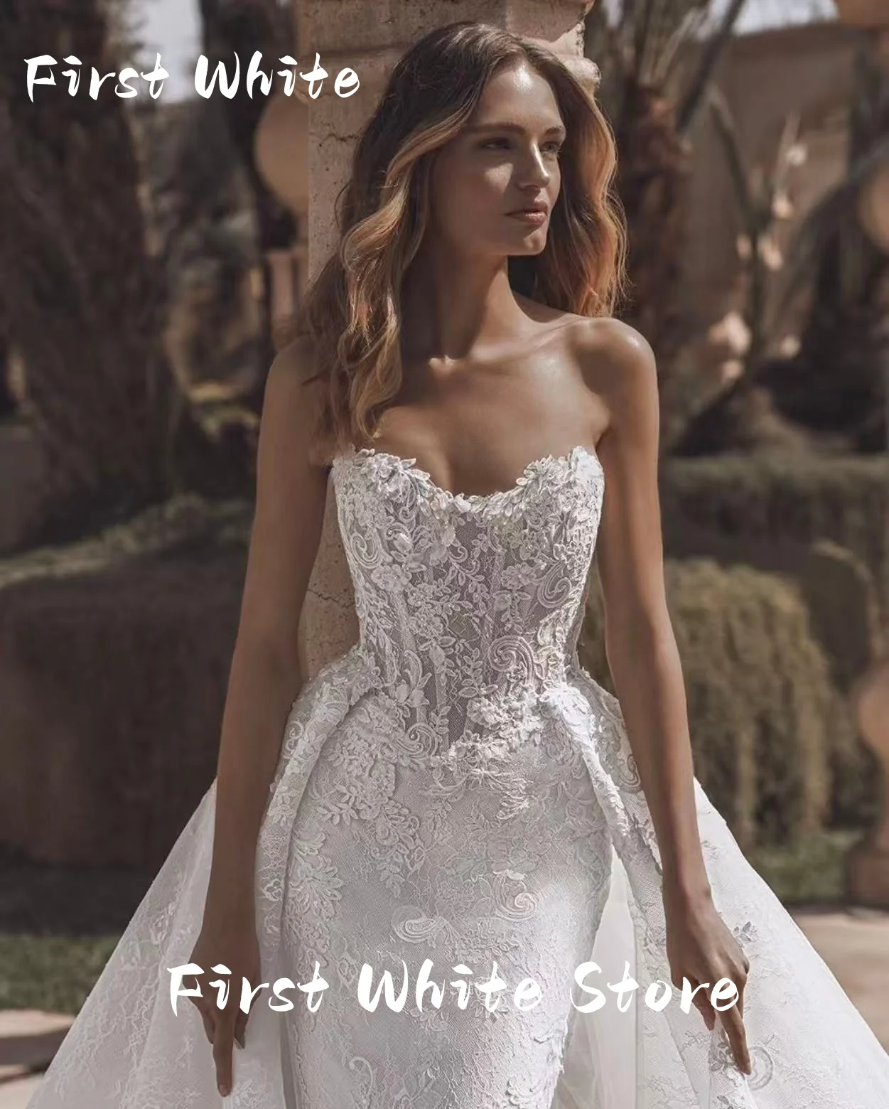 Romantic Mermaid Wedding dress Lace Appliques Sleeveless Strapless Customized Detachable Train Bride Vestido De Novia