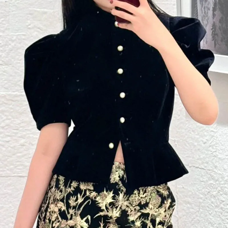 Runway Fashion Black Women's Velvet Cropped Short Vintage Jacket Classic Elegant Pearl Button Stand Neck Puff Sleeve Slim Coat