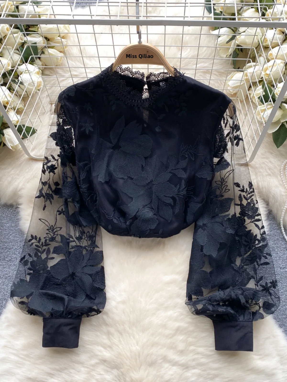 

Ele Lace Bubble Sve See-tough irt Women's Loose Slimming Versatile Chic Trendy Women's Premium Feel Top