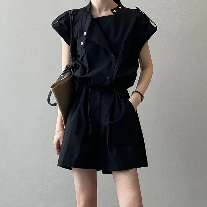 Women's Short Denim 2025 Jumpsuit New Fashion High Street Y2K Waisted Jumpsuit Solid Colour Lapel Short Sleeve Jumpsuit Top