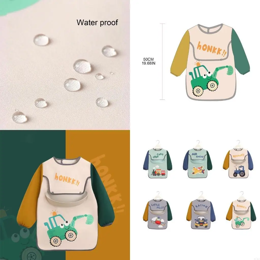 

97BE Waterproof Baby Cartoon Printed Bib Children Adjustable Long Sleeve Apron Smock