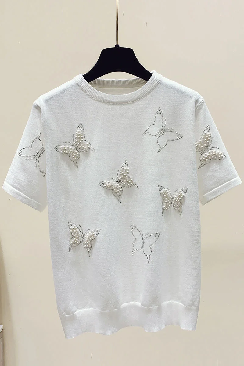 New Summer Luxury Design Butterfly Nail Bead Short Sleeve Knit Sweater Korean Fashion Thin Casual Jumper Women Knitwear 2022