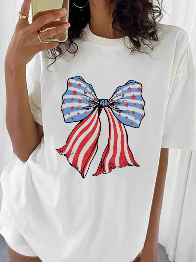 

4th Of July Women's New T-Shirt Summer Fashion Women's Short Sleeved T-Shirt Casual Cute Bow Print O-Neck Top Sweet T-Shirt.