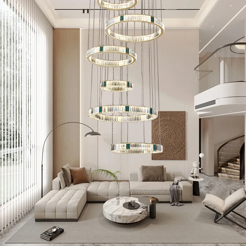 Large Multiple Rings Crystal Pendant Light Villa Duplex High Ceiling Light Fixture, Dimmable Luxury Round Pendant Lamp Foyer