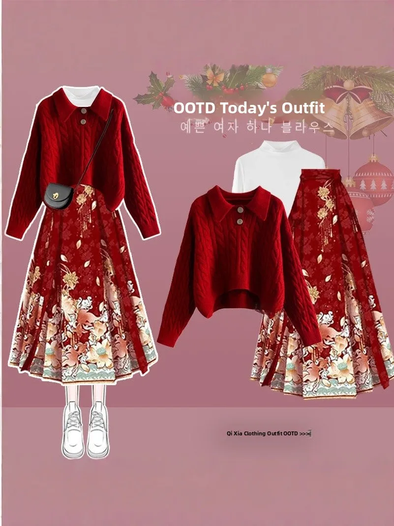 Red Sweater Base irt National Sle  Face Skirt Tee Piece Set New Chinese Sle Women's Faion Ensemble Long Sve...
