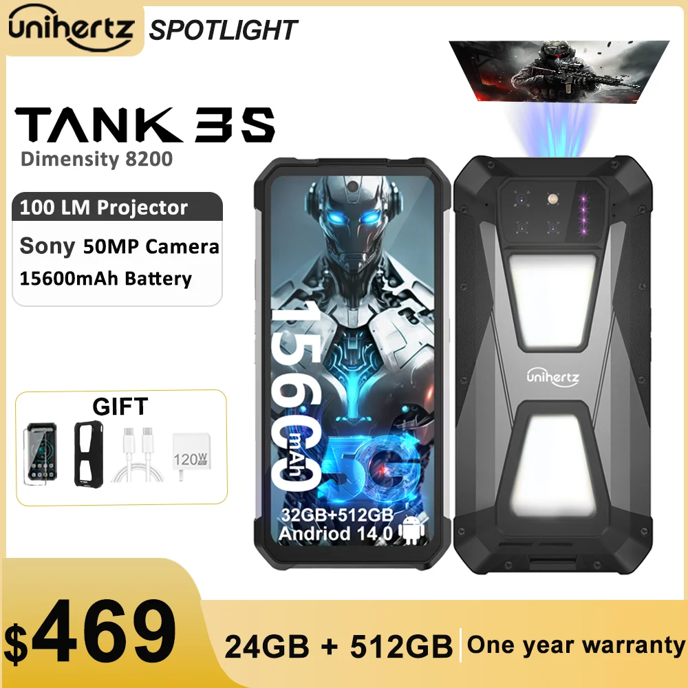 Unihertz tank 3s 8849 powered phone with projector 24/32GB 256/512GB Dimension 8200 cellphone 15600mAh 66W smartphones