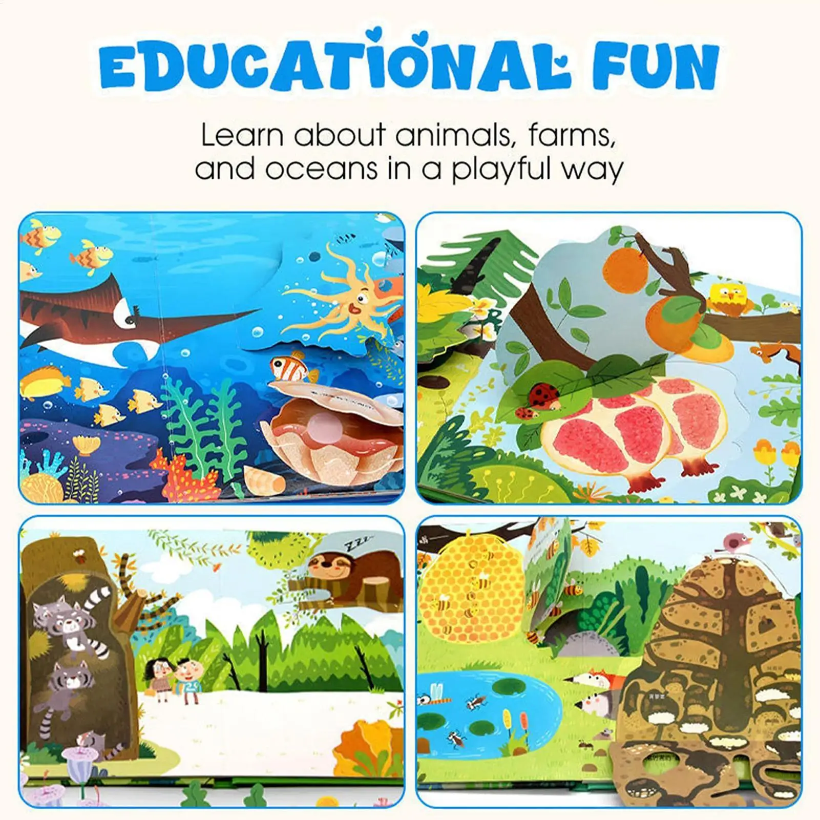 Preschool Learning Books 3D Educational Storybook Animal Theme Hardcover Interactive Board Books For Reading Speech Kids Boy