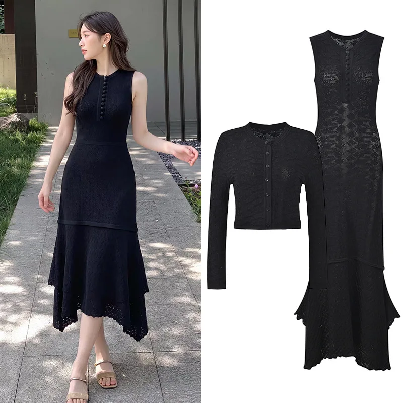 2026 Lady Autumn Solid Suit O-neck Long Sleeve Single-breasted Cardigan Sleeveless Asymmetric Maxi Dress Women Knit 3Pcs