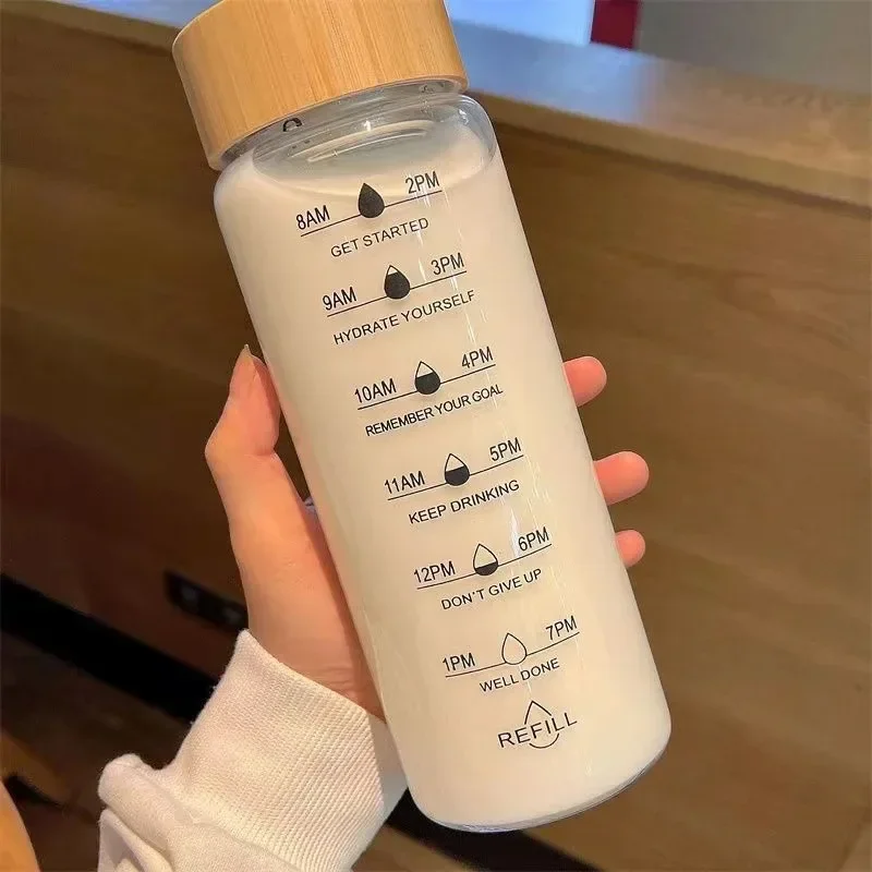 Tapa de madera de bambú de 1000ml, marcador de tiempo, botella de vidrio de borosilicato, botella de agua con infusor de té y fruta con filtro de acero inoxidable, taza de regalo