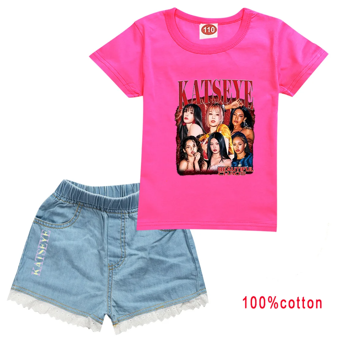 

Корейская одежда KATSEYE Kpop, детская хлопковая футболка с короткими рукавами и джинсовые шорты, костюмы из 2 предметов, летние наряды для маленьких девочек, детские комплекты