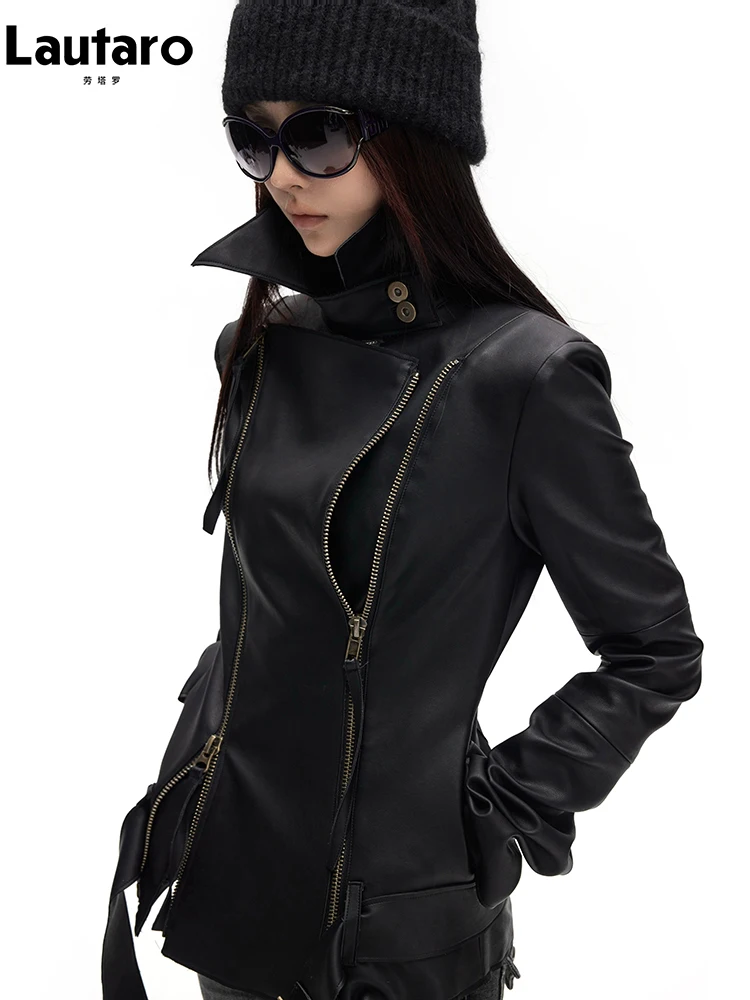 

Lautaro Spring Autumn Cool Handsome Soft Black Pu Leather Jacket Women Long Sleeve Double Zippers Luxury Clothes Runway Fashion