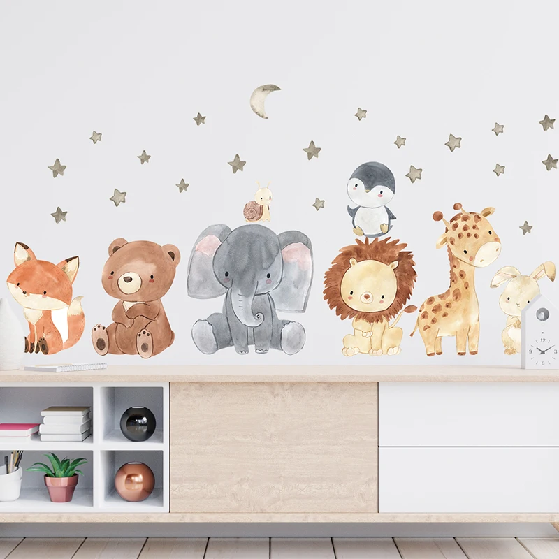 2PC Cartoon Cute Africa Animals Wall Stickers Elephant Giraffe Bear Fox Kids Room Kindergarten Home Decoration