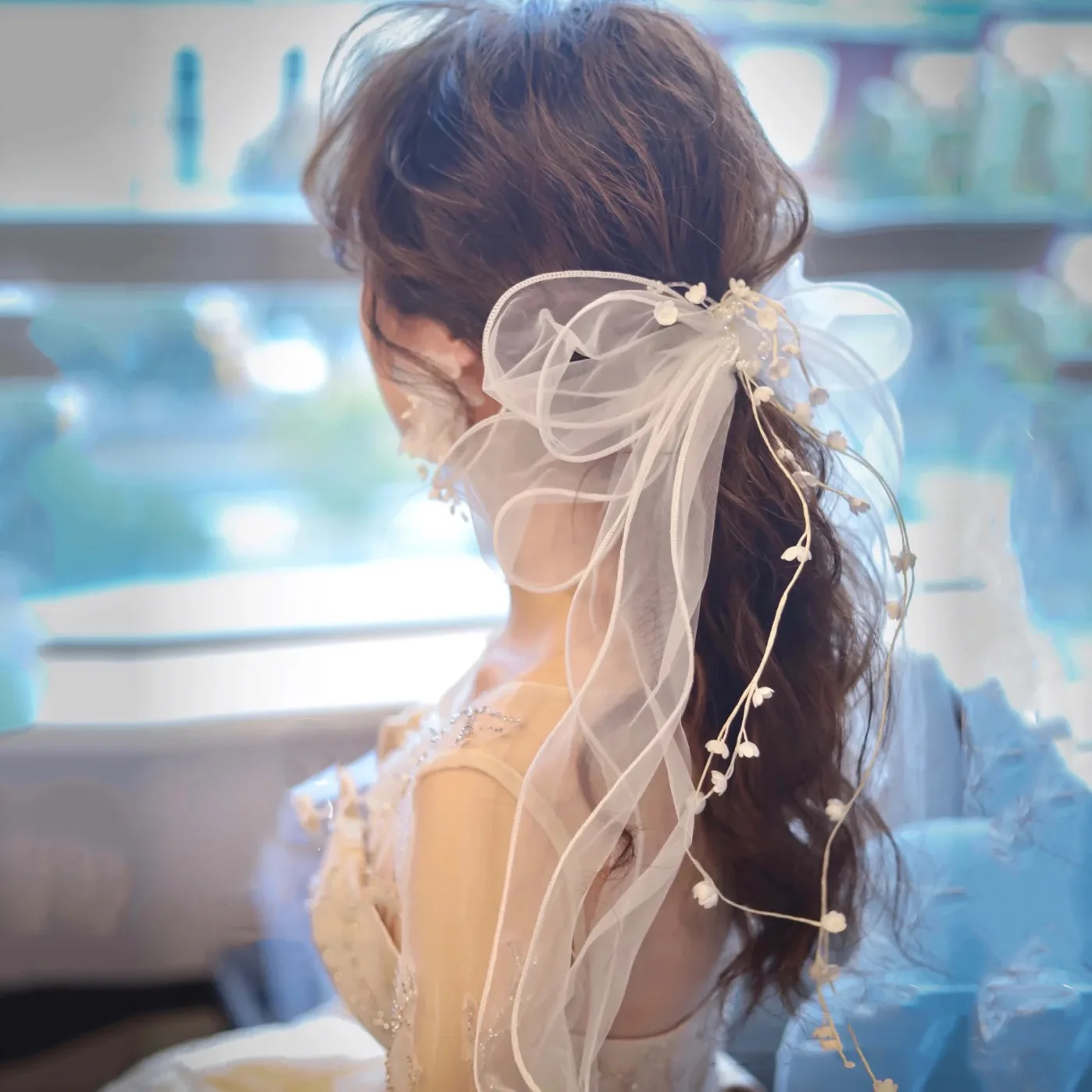 Women Short Veil For Bride Wedding Headdress Flower Bow Tulle Bachelorette Party Veils Engagement Dinner Hair Accessories image 4