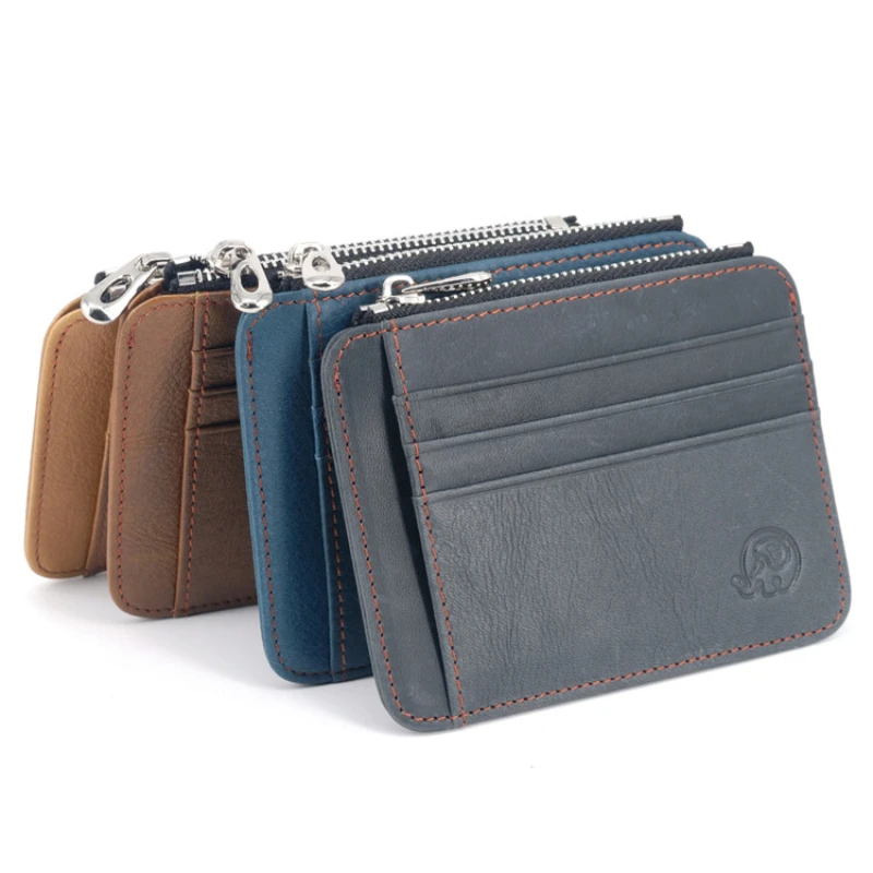

New Thin Genuine Leather Mini Bank Credit Card Wallet Id Card Holder Men's Small Wallet Thin Sleeve Zipper Short Coin Wallets