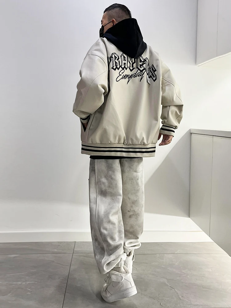 

Мужская кожаная куртка в американском ретро-стиле, весна-осень, свободный крой, с вышивкой, бейсбольная, повседневная, верхняя одежда, полиэстер