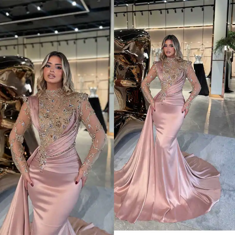 Customzied Graceful Prom Dresses Pink Mermaid With Appliques Full Sleeve Bridal Gowns Floor-Length Plus Size Robe De Mariee