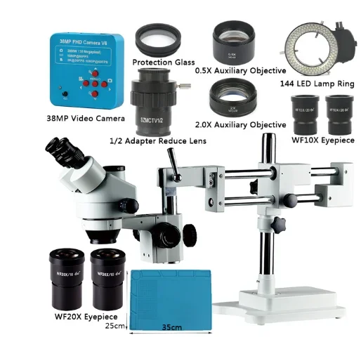 3.5X 90X 180X Simul-Focal Double B-oom Stand Trinocular Stereo Zoom Microscope 38MP 2K HD USB Camera 144 LED Light Microscopie