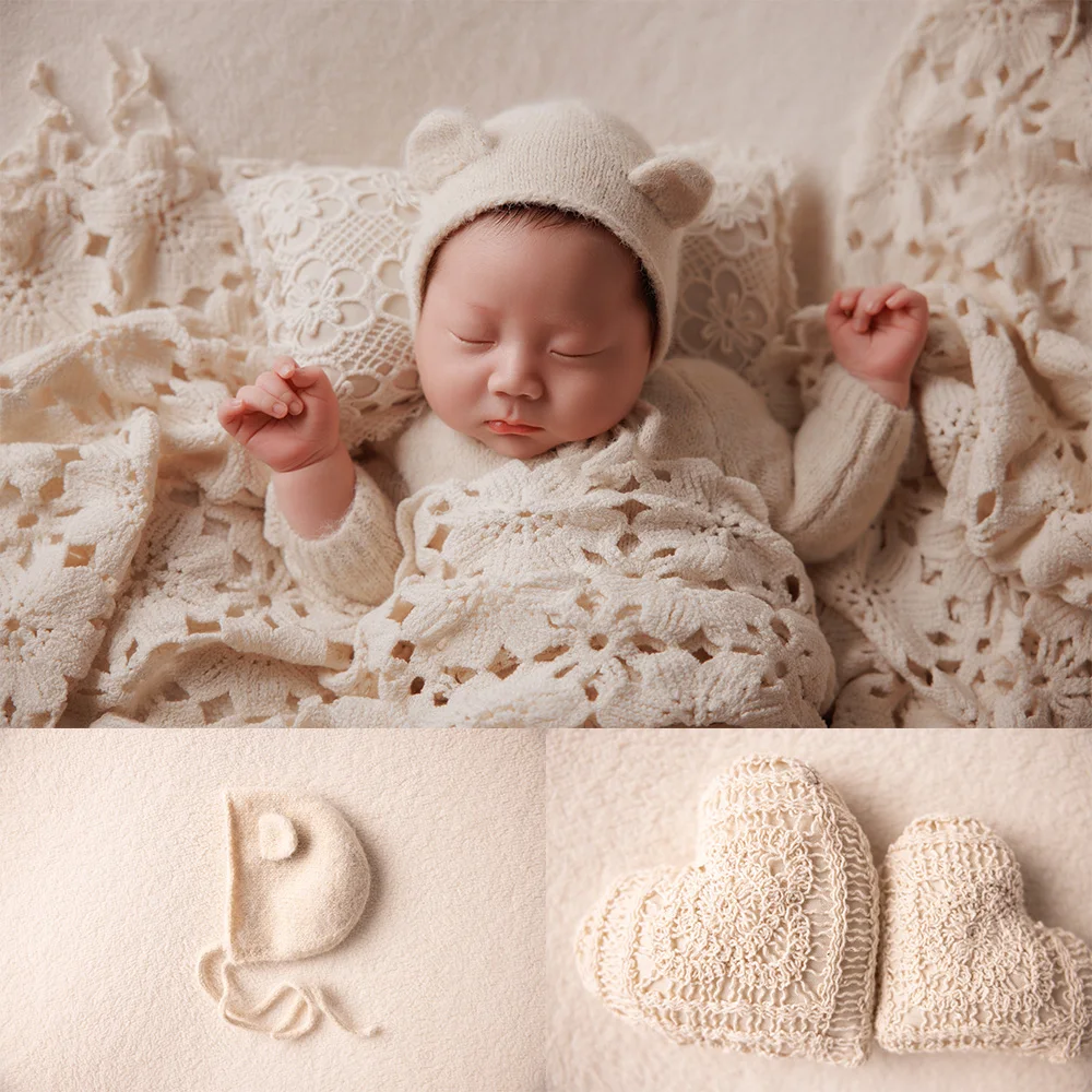 Baby Photography Costume Knitted Long-Sleeved Jumpsuit+Bear Ear Hat Teddy Bear Doll Photo Props Lace Pillow Shooting Accessories